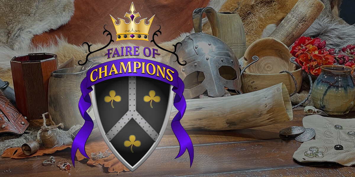 Faire of Champions logo over winter renaissance faire accessories horns and tankards